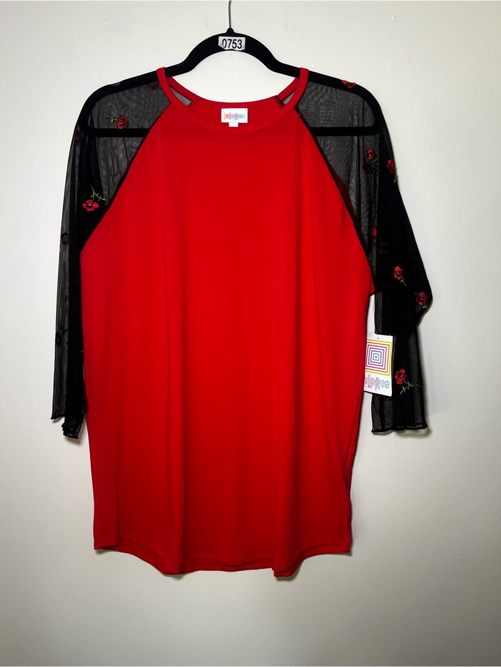 LuLaRoe Red Randy Tee with Black Sheer Embroidered Sleeves